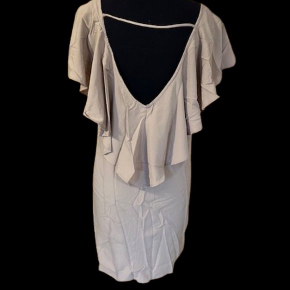 shop basics Dresses & Skirts - Taupe Open Low Back with Ruffle Midi Dress